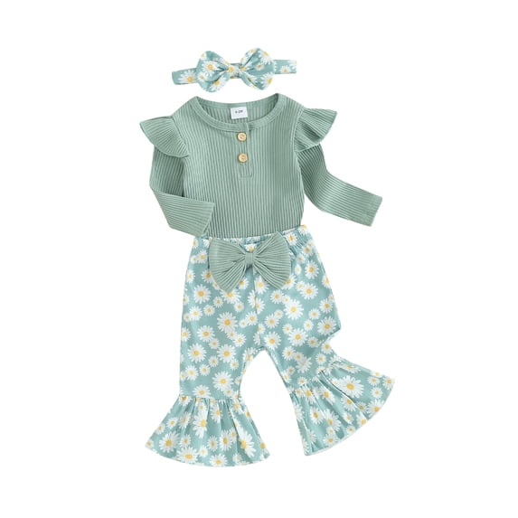 Loicainy Baby Toddler Girls 3 Piece Flare Pants Outfits 3 6 9 12 18 Months Ribbed Long Sleeves Romper and Daisy Print Elastic Pants Headband Set Fall Spring Clothes Set