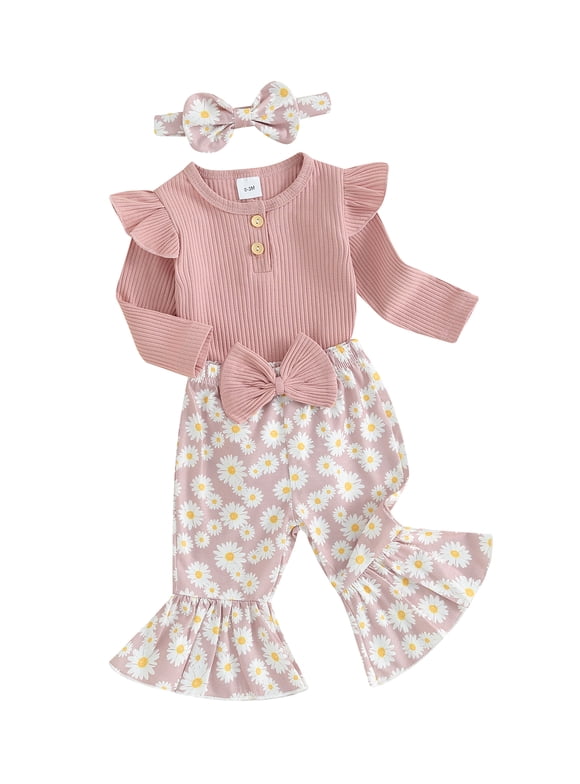 Baby Toddler Girls 3 Piece Flare Pants Outfits 3 6 9 12 18 Months Ribbed Long Sleeves Romper and Daisy Print Elastic Pants Headband Set Fall Spring Clothes Set