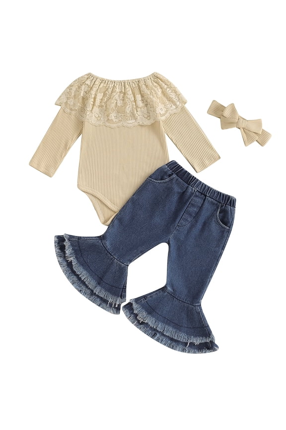 Baby Toddler Girls 3 Piece Outfits 6 9 12 18 24 Months Lace Patchwork Off-Shoulder Romper and Elastic Denim Flared Pants Headband Set Fall Clothes