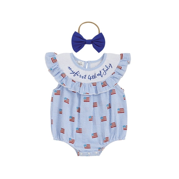 Loicainy Baby Toddler Girls 4th of July Romper 3 6 12 18 Months Casual Flag Stripe Print Fly Sleeves Jumpsuit and Headband Set Summer Clothes