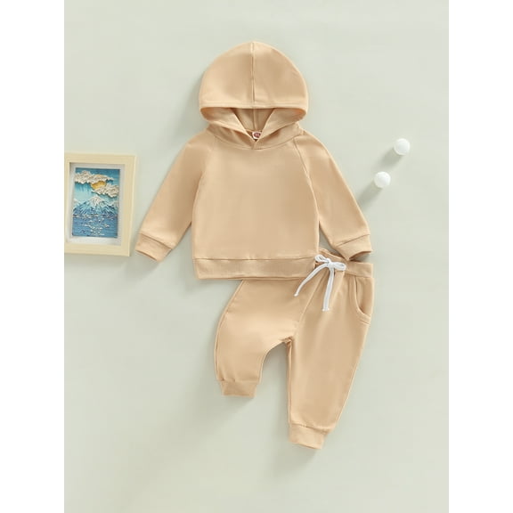 Loicainy Baby Toddler Girls Boys Hooded Outfit 3 6 12 18 24 Months 2T 3T Solid Color Pullover Hoodie Sweatshirt Tops and Casual Drawstring Pants Clothes Set