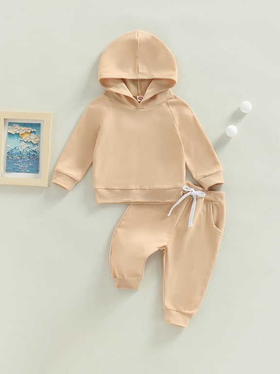 Baby Toddler Girls Boys Hooded Outfit 3 6 12 18 24 Months 2T 3T Solid Color Pullover Hoodie Sweatshirt Tops and Casual Drawstring Pants Clothes Set