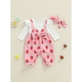 thumbnail image 1 of Loicainy Baby Toddler Girls Bubble Romper 3 6 9 12 Months Strawberry Printed Long Sleeve Ruffle Fake-two Jumpsuit with Headband, 1 of 9