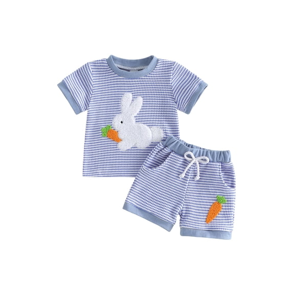 Loicainy Baby Toddler Girls Easter Summer Outfits 6 12 18 24 Months 2T 3T Short Sleeve Crew Neck Bunny Carrot Embroidery Tops and Elastic Waist Striped Shorts Clothes Set