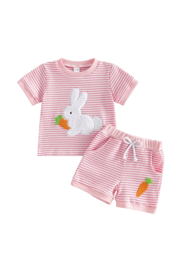 Baby Toddler Girls Easter Summer Outfits 6 12 18 24 Months 2T 3T Short Sleeve Crew Neck Bunny Carrot Embroidery Tops and Elastic Waist Striped Shorts Clothes Set