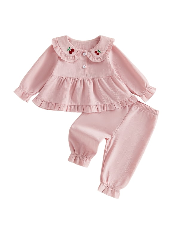 Baby Toddler Girls Fall Clothes Set 6 9 12 18 24 Months 2T 3T Long Sleeve Doll Collar Babydoll Tops Solid Color Pants Outfits