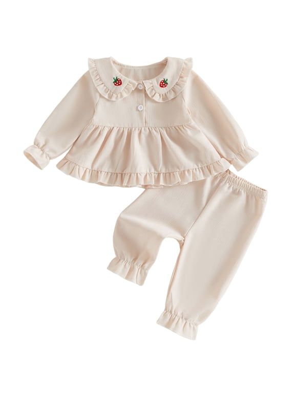 Baby Toddler Girls Fall Clothes Set 6 9 12 18 24 Months 2T 3T Long Sleeve Doll Collar Babydoll Tops Solid Color Pants Outfits