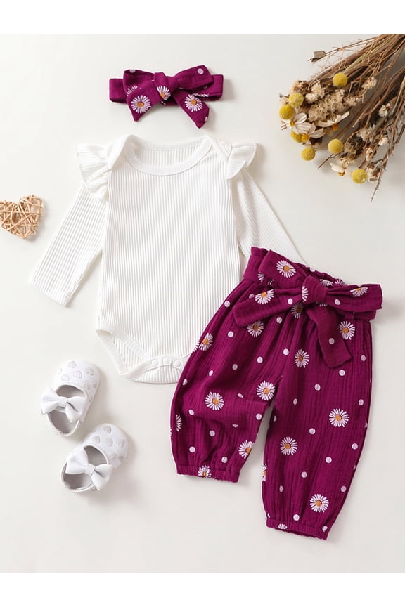 Baby Toddler Girls Fall Outfit 3 6 12 18 24 Months Long Sleeve Romper with Flower Print Belted Pants and Headband Clothing Set