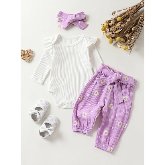 Loicainy Baby Toddler Girls Fall Outfit 3 6 12 18 24 Months Long Sleeve Romper with Flower Print Belted Pants and Headband Clothing Set