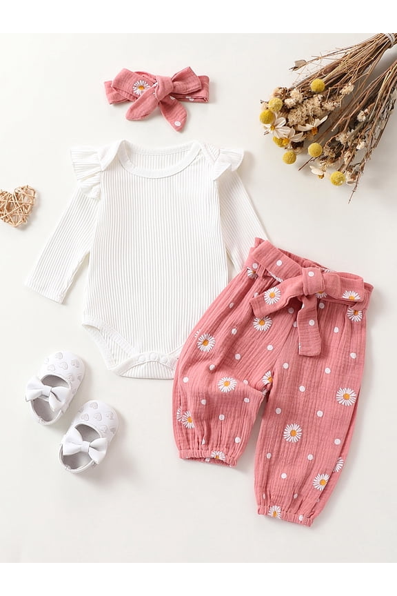 Baby Toddler Girls Fall Outfit 3 6 12 18 24 Months Long Sleeve Romper with Flower Print Belted Pants and Headband Clothing Set
