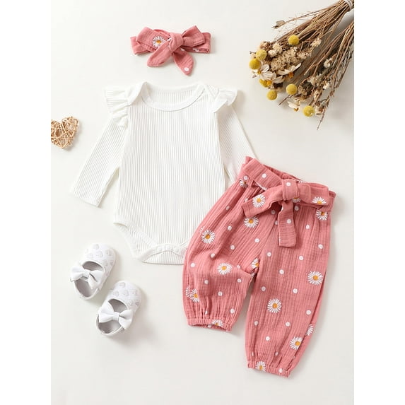 Loicainy Baby Toddler Girls Fall Outfit 3 6 12 18 24 Months Long Sleeve Romper with Flower Print Belted Pants and Headband Clothing Set