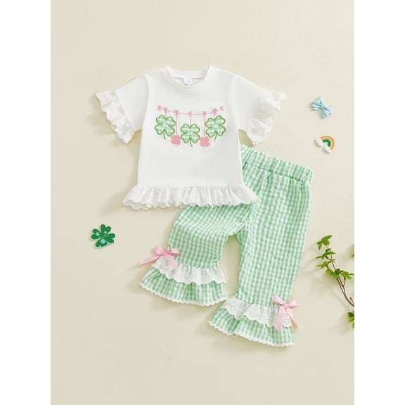 Loicainy Baby Toddler Girls Irish 2 Piece Outfits 6 12 18 24 Months 2T 3T 4T Shamrock Embroidery Short Sleeve Crew Neck Tops and Elastic Waist Flared Pants Clothes Set
