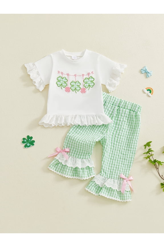 Baby Toddler Girls Irish 2 Piece Outfits 6 12 18 24 Months 2T 3T 4T Shamrock Embroidery Short Sleeve Crew Neck Tops and Elastic Waist Flared Pants Clothes Set