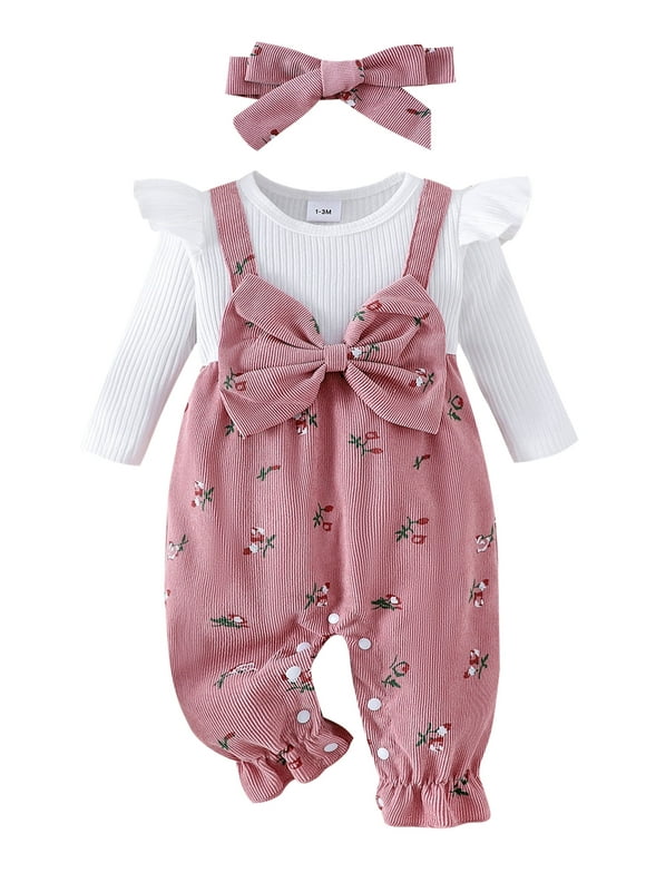 Baby Toddler Girls Long Sleeve Jumpsuit 3 6 9 12 18 Months Floral Print Fake Two Pieces Patchwork Bow Romper and Cute Headband Set