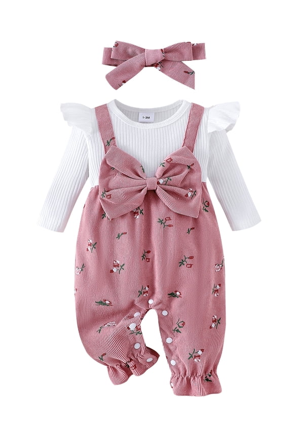 Baby Toddler Girls Long Sleeve Jumpsuit 3 6 9 12 18 Months Floral Print Fake Two Pieces Patchwork Bow Romper and Cute Headband Set