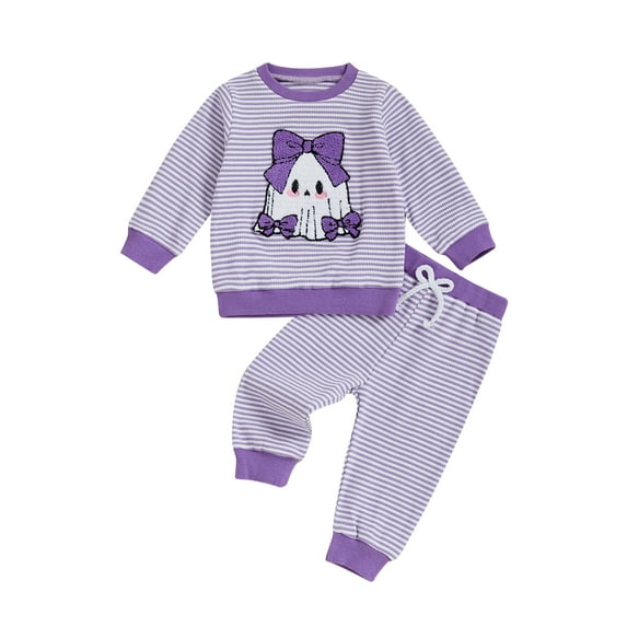 Loicainy Baby Toddler Girls Pants Outfits Set, 6 12 18 24 Months 2T 3T 4T Embroidery Ghost Sweatshirt with Striped Sweatpants Halloween Clothes Set