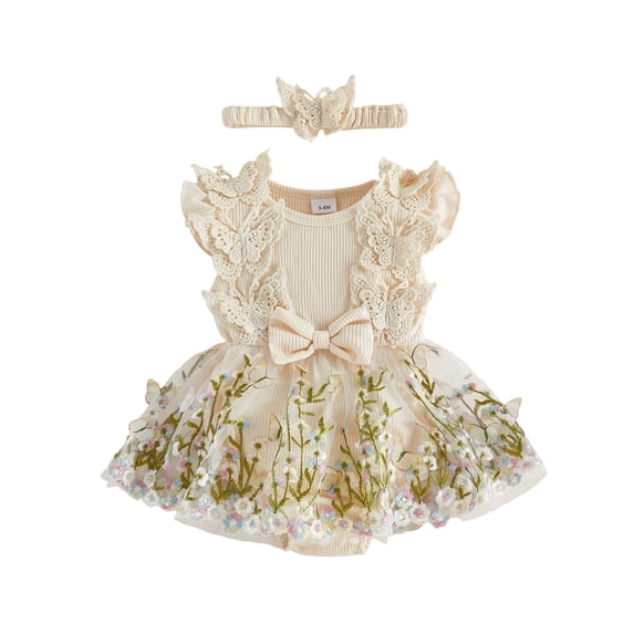 Loicainy Infant Baby Girl Romper Dress 3 6 9 12 21 Months Floral Embroidery Butterfly Decor Fly Sleeve Crew Neck Skirt Hem Infant Bodysuits Jumpsuits with Headband