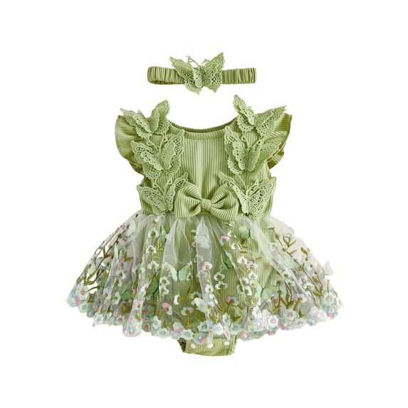 Loicainy Infant Baby Girl Romper Dress 3 6 9 12 26 Months Floral Embroidery Butterfly Decor Fly Sleeve Crew Neck Skirt Hem Infant Bodysuits Jumpsuits with Headband