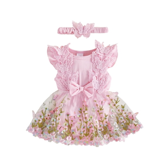 Loicainy Infant Baby Girl Romper Dress 3 6 9 12 32 Months Floral Embroidery Butterfly Decor Fly Sleeve Crew Neck Skirt Hem Infant Bodysuits Jumpsuits with Headband
