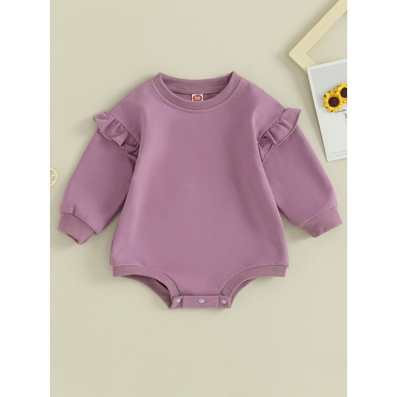 Loicainy Baby Toddler Girls Solid Color Bodysuit, 3 6 12 18 Months Ruffle Long Sleeve Crew Neck Romper Clothes for Casual Daily
