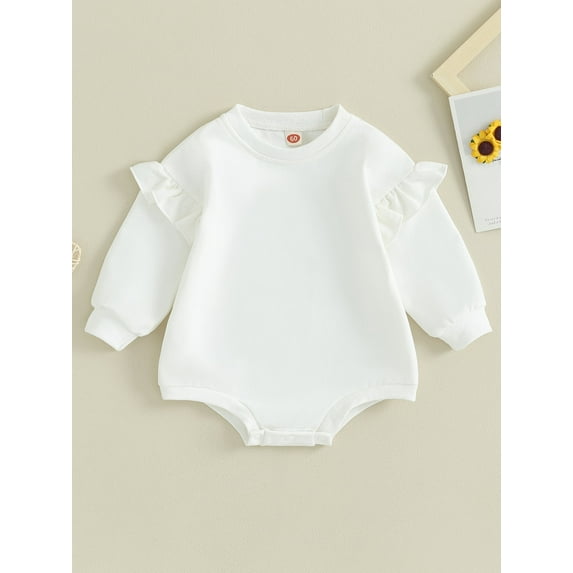 Loicainy Baby Toddler Girls Solid Color Bodysuit, 3 6 12 18 Months Ruffle Long Sleeve Crew Neck Romper Clothes for Casual Daily