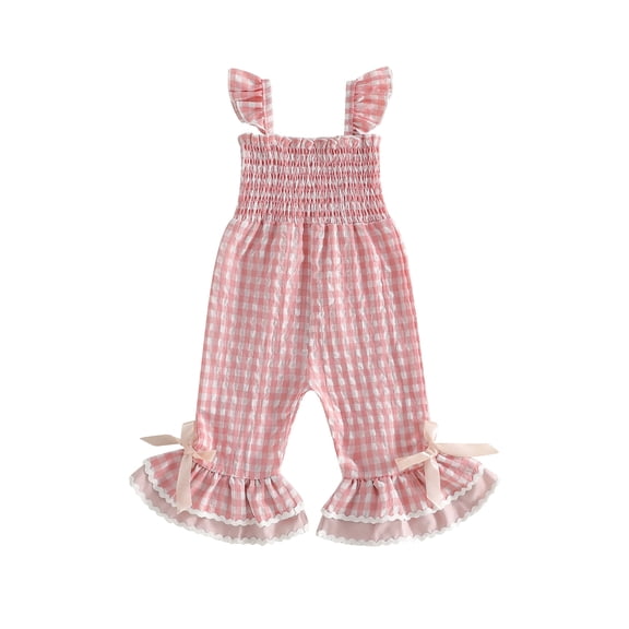 Loicainy Baby Toddler Girls Summer Jumpsuit 6 12 18 24 Months 2T 3T 4T Ruffle Sleeveless Smocked Bust Plaid Print Romper Toddler Bell Bottoms