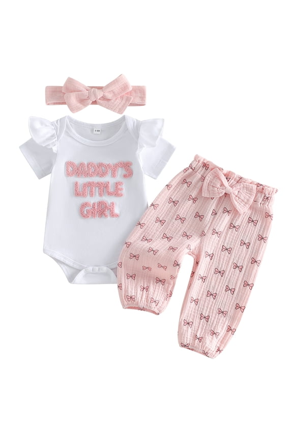 Baby Toddler Girls Summer Outfits 3 6 12 18 Months Short Sleeve O Neck Letter Embroidery Romper Bow Print Pants Headband Clothes Set