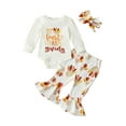 thumbnail image 1 of Loicainy Baby Toddler Girls Thanksgiving Outfit, 3 6 12 18 Months Long Sleeve Letters Print Romper with Turkey Print Flare Pants and Headband Fall Clothes Set, 1 of 9