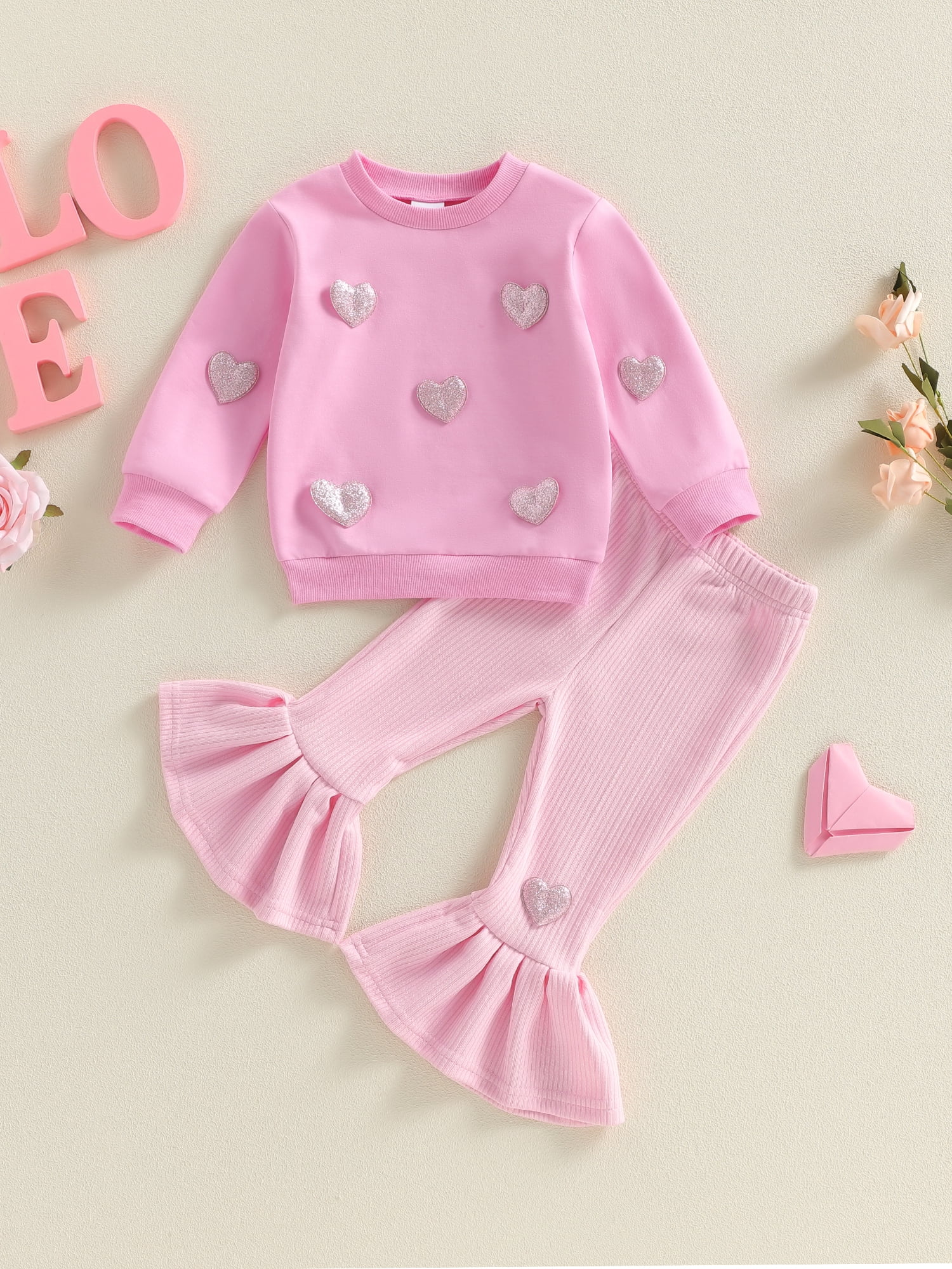 Baby Toddler Girls Valentine's Day 2 Piece Outfits 6 12 18 24 Months 2T 3T 4T 5T Heart Decorated Long Sleeve Crew Neck Tops and Elastic Waist Flared Pants Kids Clothes Set