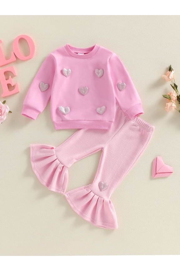 Baby Toddler Girls Valentine's Day 2 Piece Outfits 6 12 18 24 Months 2T 3T 4T 5T Heart Decorated Long Sleeve Crew Neck Tops and Elastic Waist Flared Pants Kids Clothes Set