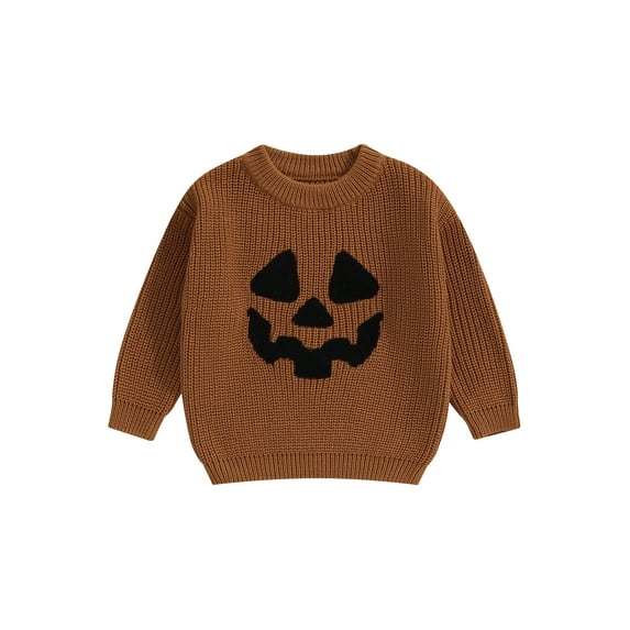 Loicainy Baby Toddler Kids Boy Girl Halloween Sweaters 3 6 9 12 18 24 Months 2T 3T 4T 5T Long Sleeve Round Neck Pumpkin Face Embroidery Knit Tops Sweatshirts