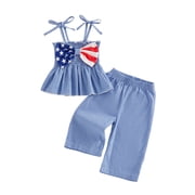 Baby Toddler Kids Girl 4th of July Clothes 6 9 12 18 24 Months 2T 3T 4T 5T 6T Star Striped Bow Tie Shoulder Smocked Babydoll Tops and Wide Leg Pants 2 Piece Plaid Summer Outfits Set