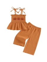 Loicainy Baby Toddler Kids Girl Halloween Outfit 6 9 12 18 24 Months 2T 3T 4T 5T Pumpkin Embroidery Smocked Tie-up Spaghetti Strap Tops Solid Wide Leg Pants Clothes Set