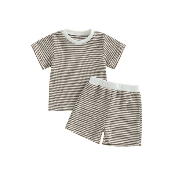Loicainy Baby Toddler Summer Clothes 3 6 12 18 24 Months 2T 3T 4T 5T Waffle Striped Short Sleeve T-shirt Elastic Waist Shorts Kids 2 Piece Outfits Set