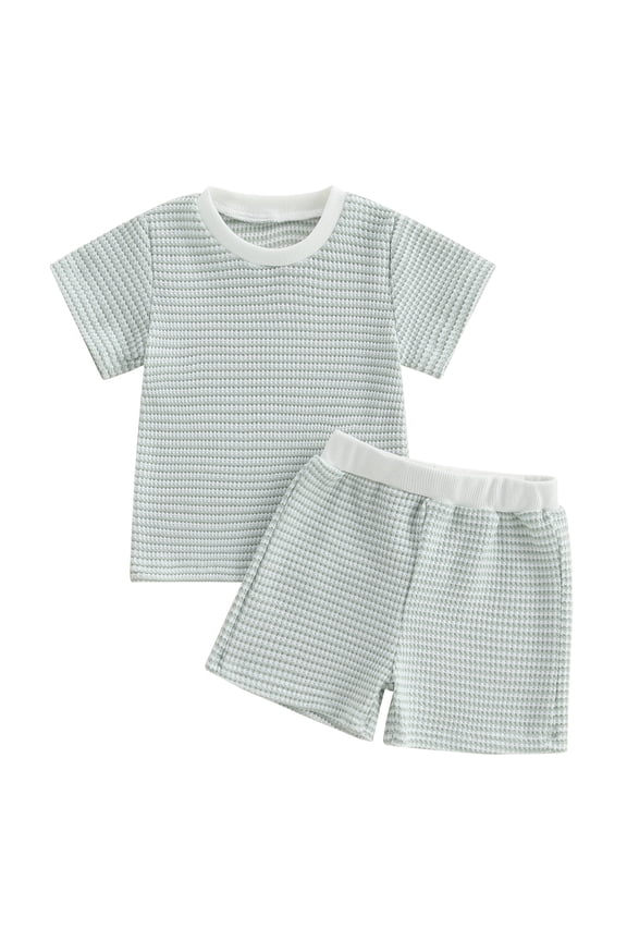 Baby Toddler Summer Clothes 3 6 12 18 24 Months 2T 3T 4T 5T Waffle Striped Short Sleeve T-shirt Elastic Waist Shorts Kids 2 Piece Outfits Set