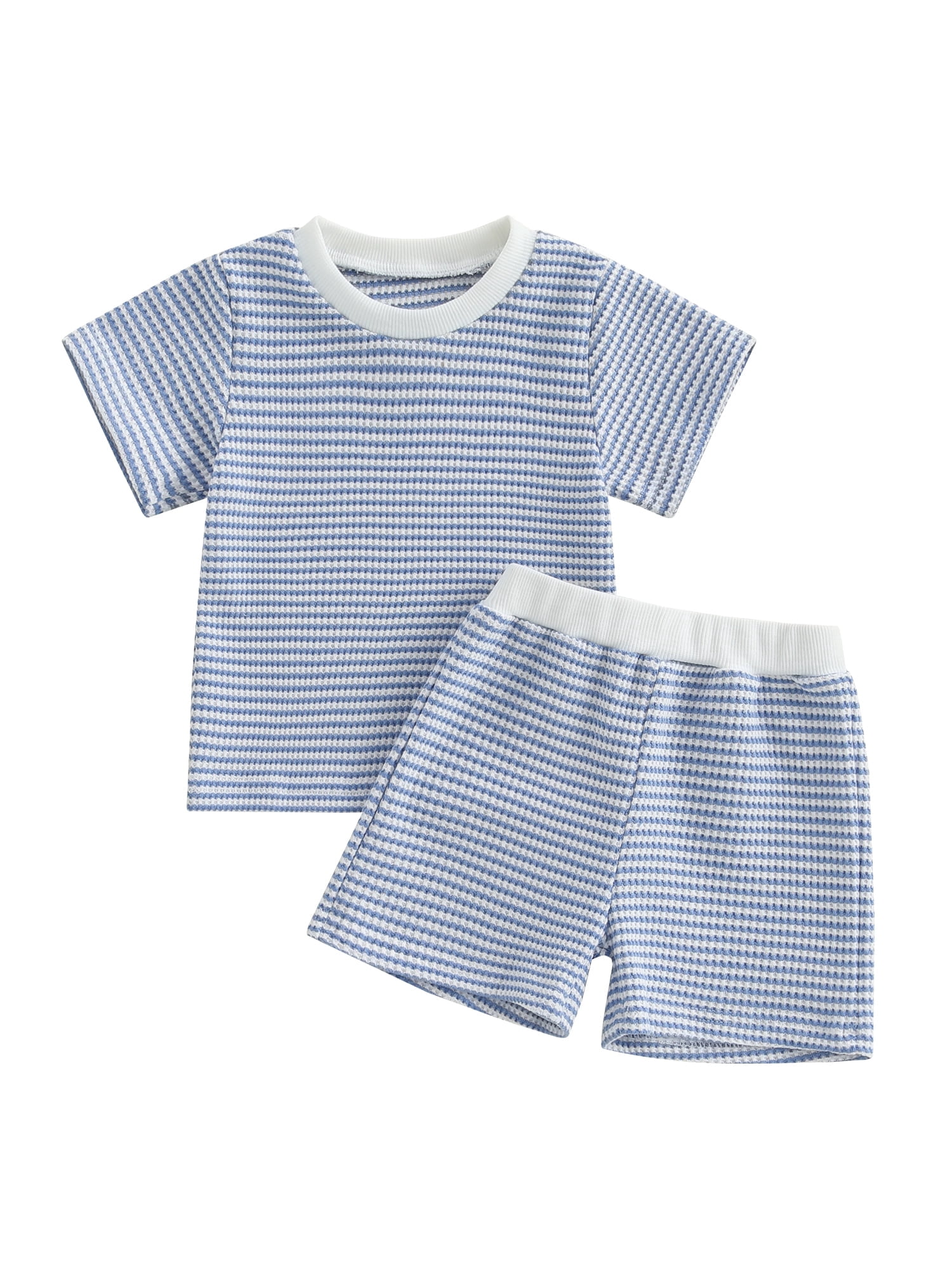 Baby Toddler Summer Clothes 3 6 12 18 24 Months 2T 3T 4T 5T Waffle Striped Short Sleeve T-shirt Elastic Waist Shorts Kids 2 Piece Outfits Set