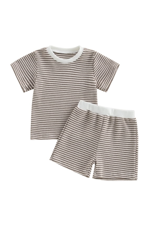 Baby Toddler Summer Clothes 3 6 12 18 24 Months 2T 3T 4T 5T Waffle Striped Short Sleeve T-shirt Elastic Waist Shorts Kids 2 Piece Outfits Set