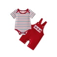 thumbnail image 1 of Loicainy Bbay Toddler Girls Boys 2Pcs Independence Day Outfit 3 6 12 18 Months Short Sleeve Crew Neck Striped Print Romper and Suspender Pants Clothes Set, 1 of 9