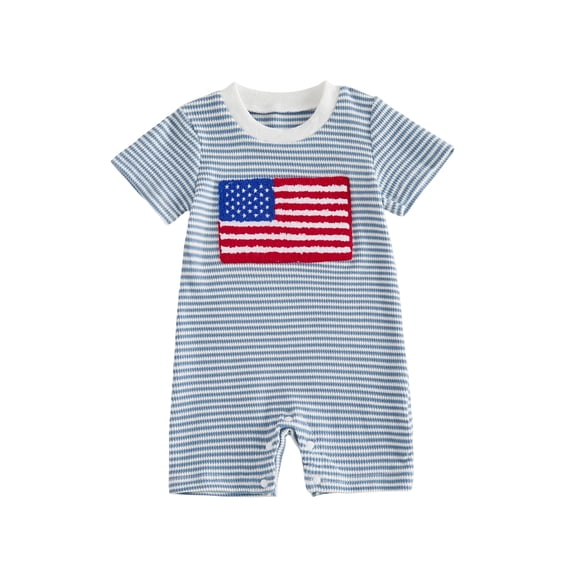 Loicainy Infant Baby Boy 4th of July Jumpsuit 3 6 12 18 Months Short Sleeve O Neck Flag Embroidery Striped Romper