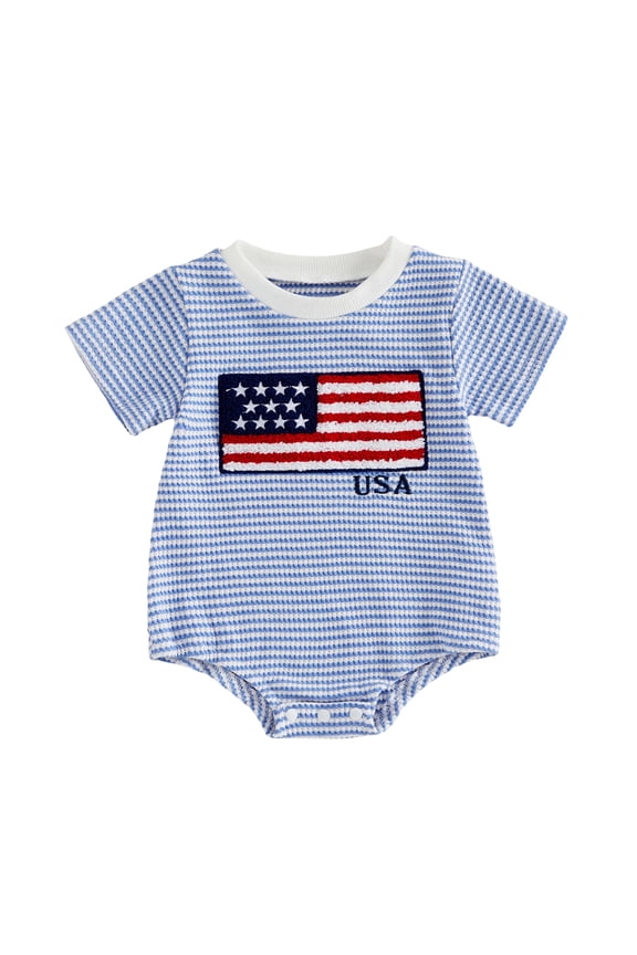 Infant Baby Boy 4th of July Romper 3 6 12 18 Months Stripe America Flag Pattern Short Sleeve Round Neck Cute Bodysuit