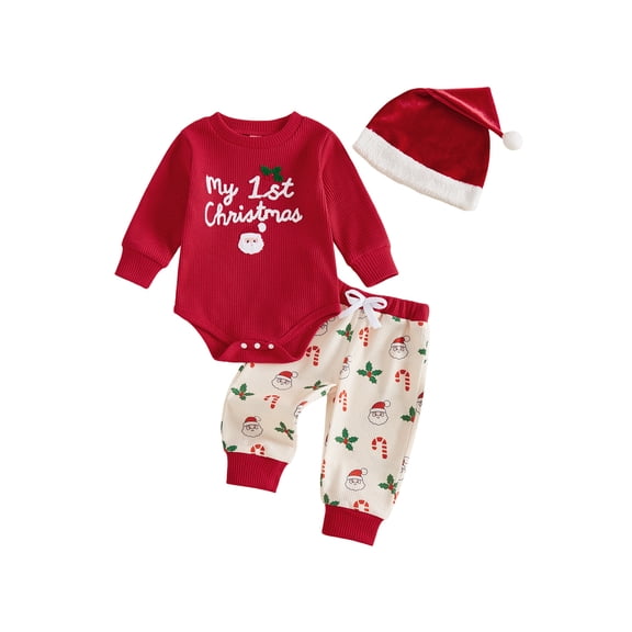 Loicainy Infant Baby Boy Christmas Outfit 3 6 9 12 Months Waffle Long Sleeve Romper Pants and Hat 3 Pcs Clothes Set