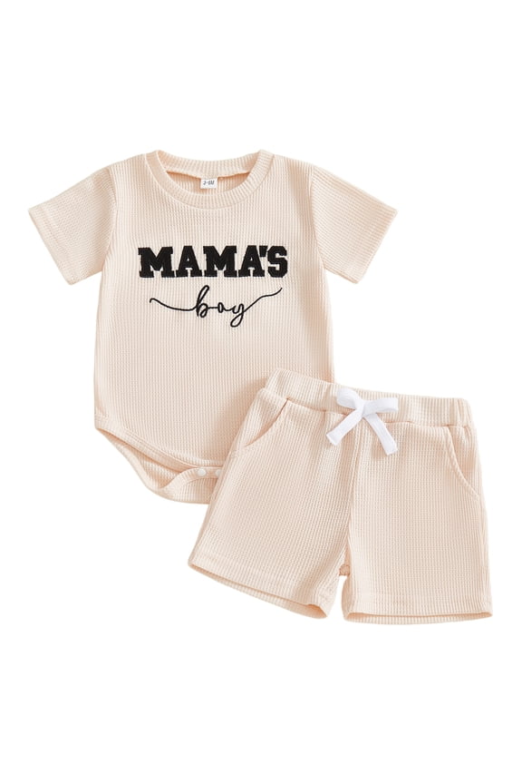 Infant Baby Boy Clothes Set 3 6 12 18 Month Letter Embroidered Short Sleeve Romper and Shorts 2 Piece Waffle Knit Summer Outfit