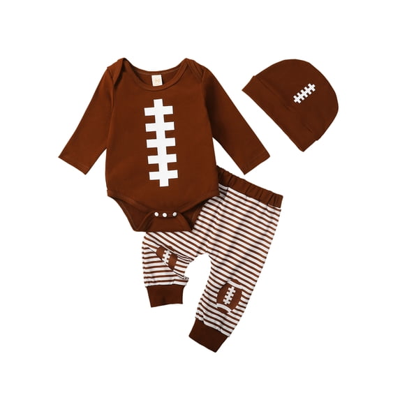 Loicainy Infant Baby Boy Fall Outfit 3 6 12 18 Months Football Print Long Sleeve Rompers and Elastic Striped Pants Beanie Hat Clothes Set