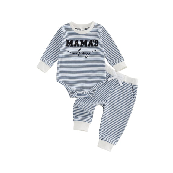 Loicainy Infant Baby Boy Fall Outfit 3 6 12 18 Months Letter Embroidery Striped Waffle Long Sleeve Rompers and Pants 2 Piece Clothes Set
