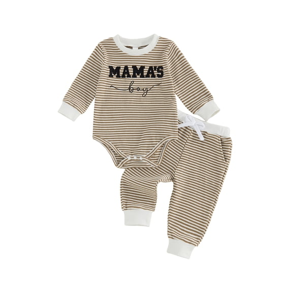 Loicainy Infant Baby Boy Fall Outfit 3 6 12 18 Months Letter Embroidery Striped Waffle Long Sleeve Rompers and Pants 2 Piece Clothes Set