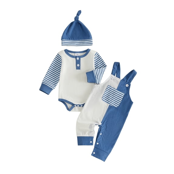 Loicainy Infant Baby Boy Fall Outfit 3 6 12 18 Months Striped Rompers and Front Pockets Overalls with Hat Clothes Set