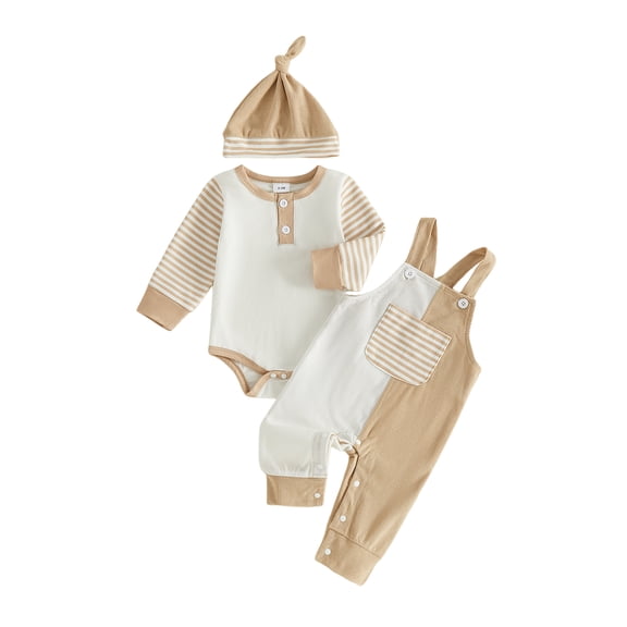 Loicainy Infant Baby Boy Fall Outfit 3 6 12 18 Months Striped Rompers and Front Pockets Overalls with Hat Clothes Set