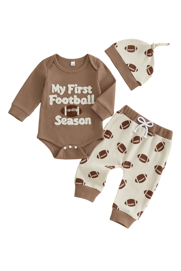 Infant Baby Boy Fall Outfits 3 6 12 18 Months Football Letter Embroidered Long Sleeve Romper Pants and Knot Hat 3 Piece Clothes Set