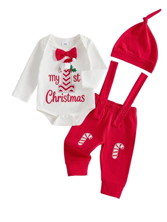Infant Baby Boy First Christmas Outfit 3 6 9 12 18 Months Bowtie Long Sleeve Romper Suspender Pants Hat Clothes Set