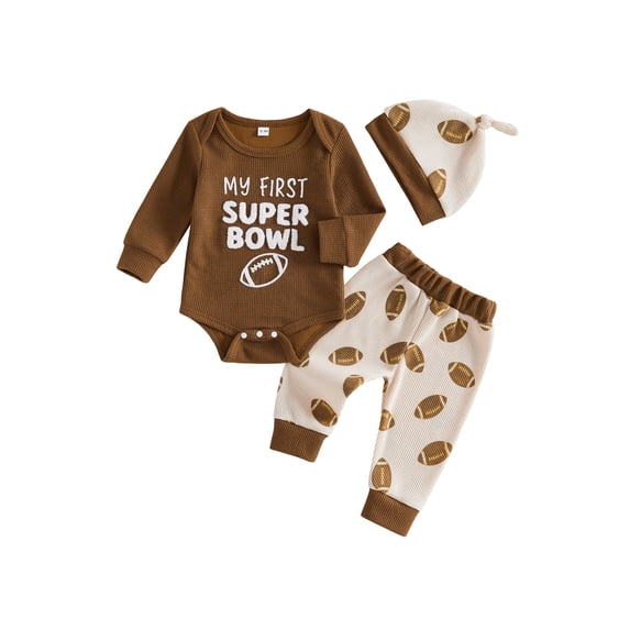 Loicainy Infant Baby Boy Football Outfit 3 6 12 18 Months Long Sleeve Romper Pants and Knot Hat 3Pcs Clothes Set